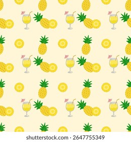 Seamless pattern of pineapple (Ananas comosus) and pineapple cocktail in summer with ivory background. Tropical fruit pattern and holiday.