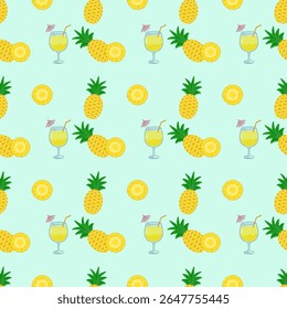 Seamless pattern of pineapple (Ananas comosus) and pineapple cocktail in summer with green background. Tropical fruit pattern and holiday.