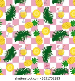 Padrão sem costura de abacaxi (Ananas comosus) frutas, fatias de abacaxi, coquetel de abacaxi e folhas de palmeira verde, em um tema tropical e de verão em rosa e branco xadrez padrão fundo