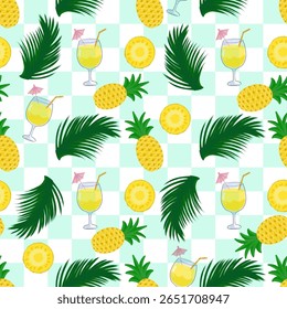 Padrão sem costura de abacaxi (Ananas comosus) frutas, fatias de abacaxi, coquetel de abacaxi e folhas de palma verde, em um tema tropical e de verão em verde claro e branco padrão quadriculado fundo