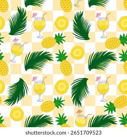 Padrão sem costura de abacaxi (Ananas comosus) frutas, fatias de abacaxi, coquetel de abacaxi e folhas de palma verde, em um tema tropical e de verão em amarelo claro e branco quadriculado padrão fundo
