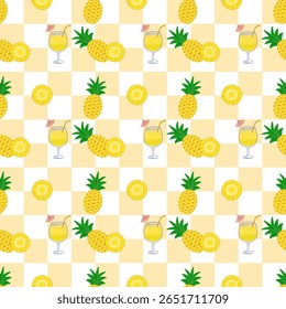 Padrão contínuo de frutas de abacaxi (Ananas comosus), fatias de abacaxi e coquetel de abacaxi, em um tema tropical e de verão em amarelo claro e branco padrão quadriculado fundo