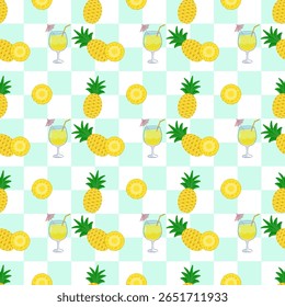 Padrão contínuo de frutas de abacaxi (Ananas comosus), fatias de abacaxi e coquetel de abacaxi, em um tema tropical e de verão em verde claro e branco padrão quadriculado fundo