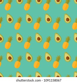 seamless pattern pineapple avocado fruit food on green background vector wallpaper textile giftwrap