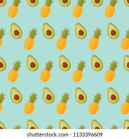 seamless pattern pineapple avocado fruit food on blue background vector wallpaper textile giftwrap