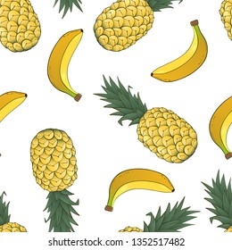 seamless pattern of pineapple and banana on white background