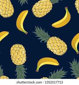 seamless pattern of pineapple and banana on blue background
