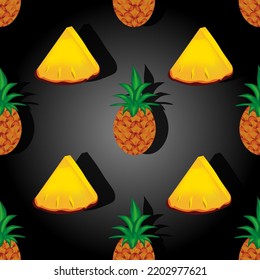 Seamless pattern with pineapple and beautiful green tail. Pineapple and slice cut out background. Vector illustration with exotic tropical fruit.