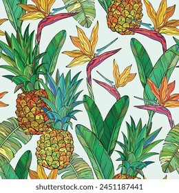 Seamless pattern with pineapple bird of paradise flowers and green palm leaves on white background. Tropical leaves illustration with fruits and exotic flowers