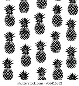 Seamless Pattern with Pineapple. Black on White Background. Vector Illustration. Summer time, Fruits, Health Design Collection