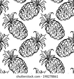 Seamless pattern with pineapple black sketch cartoon hand drawn illustration on a white background - vector
