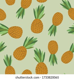 Seamless pattern with pineapple. Cartoon tropical colorful fruits on green background. Ananas, pine. Food concept. Template design for invitation, card, fabric, textile. Summer illustration. 