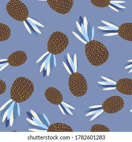 Seamless pattern with pineapple. Cartoon tropical colorful fruits on blue background. Ananas, pine. Food concept. Template design for invitation, card, fabric, textile. Summer illustration.