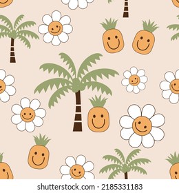 Seamless pattern with pineapple cartoons, coconut tree and daisy flower on orange background vector illustration. 