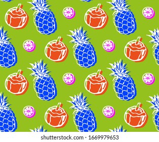 Seamless pattern with pineapple and coconut. Hand drawn ink illustration. Vector pattern. Print for textile, cloth, wallpaper, scrapbooking