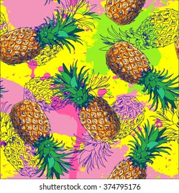 Seamless pattern with pineapple and color splash