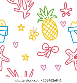 Seamless pattern with pineapple, corals, starfish, flower pots, bows and hearts, colorful summer doodle style

