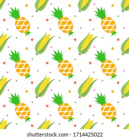 Seamless pattern with pineapple and corn, Vector texture illustration.