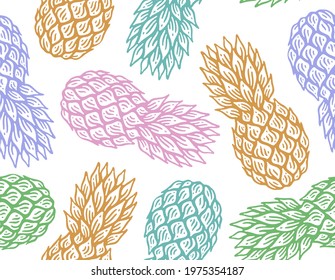 seamless pattern of pineapple in doodle vintage on white background