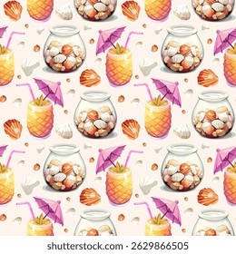 Seamless Pattern with Pineapple Drinks and Glass Jars of Ice Cream. Summer Dessert Vector with Pineapples and Seashells