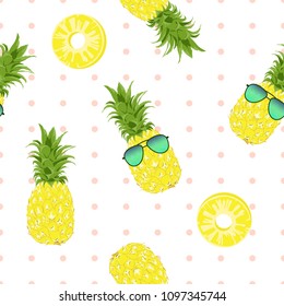 Seamless pattern Pineapple Exotic tropical fruit on polka dot background.printing wallpaper.vector illustration