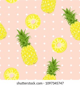 Seamless pattern Pineapple Exotic tropical fruit on polka dot background.printing wallpaper.vector illustration