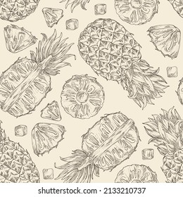 Seamless pattern with pineapple: pineapple fruit, leaves and pineapple slice. Ananas comosus. Hand drawn vector illustration