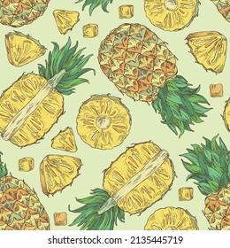 Seamless pattern with pineapple: pineapple fruit, leaves and pineapple slice. Ananas comosus. Hand drawn vector illustration