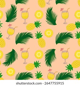 Seamless pattern of pineapple fruits (Ananas comosus), pineapple slices, pineapple cocktail and green palm leaves, in tropical and summer theme on orange background