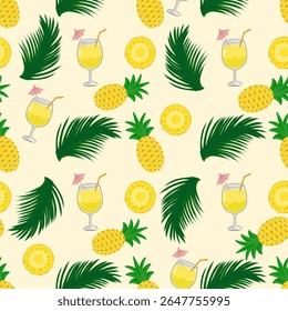Seamless pattern of pineapple fruits (Ananas comosus), pineapple slices, pineapple cocktail and green palm leaves, in tropical and summer theme on ivory background