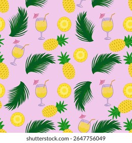Seamless pattern of pineapple fruits (Ananas comosus), pineapple slices, pineapple cocktail and green palm leaves, in tropical and summer theme on pink background