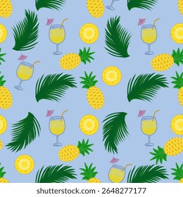 Seamless pattern of pineapple fruits (Ananas comosus), pineapple slices, pineapple cocktail and green palm leaves, in tropical and summer theme on blue background
