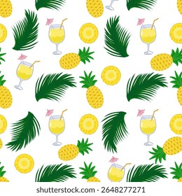 Seamless pattern of pineapple fruits (Ananas comosus), pineapple slices, pineapple cocktail and green palm leaves, in tropical and summer theme on white background