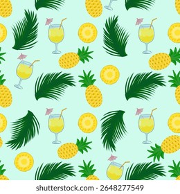 Seamless pattern of pineapple fruits (Ananas comosus), pineapple slices, pineapple cocktail and green palm leaves, in tropical and summer theme on green background