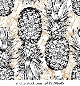 Seamless pattern with pineapple fruits. Hand drawn vector illustration.