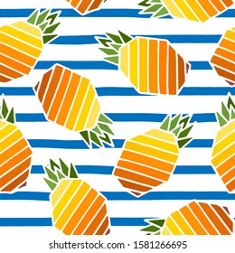 Seamless pattern with pineapple fruits on white background with uneven sailor blue markers stripes. Print for fabric, wrapping papers, wallpapers, covers, summer clothes. Creative vector illustration.