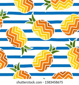Seamless pattern with pineapple fruits on white background with uneven sailor blue markers stripes. Print for fabric, wrapping papers, wallpapers, covers, summer clothes. Creative vector illustration.