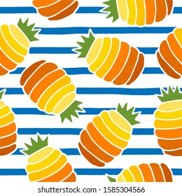 Seamless pattern with pineapple fruits on white background with uneven sailor blue markers stripes. Print for fabric, wrapping papers, wallpapers, covers, summer clothes. Creative vector illustration.