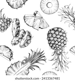 Seamless pattern with pineapple fruits and pices