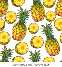 Seamless pattern with pineapple fruits. A whole pomegranate with leaves and half a fruit. Bright colorful fruits on a white background. Hand drawn in sketch style with black outline. Cartoon. Vector.