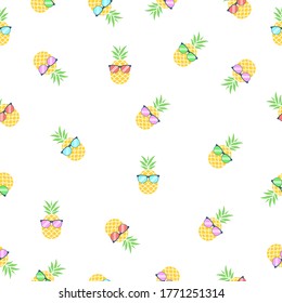 Seamless pattern pineapple in glasses. Fresh cute exotic fruits wear in sunglasses. Summer vector illustration background