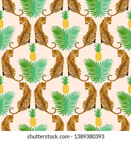 Seamless pattern with pineapple, green leaves and leopard,  Popular seamless pattern design. Wild big cats  fashion background. 