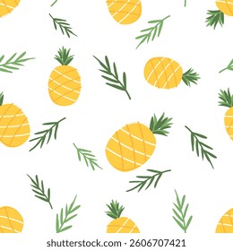 Seamless pattern of pineapple with green leaves on white background vector.