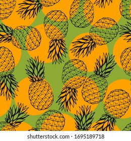 Seamless pattern with pineapple hand drawn fruits elements. Vegetarian wallpaper. For design packaging, textile, background, design postcards and posters.