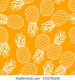 Seamless pattern with pineapple hand drawn fruits elements. Vegetarian wallpaper. For design packaging, textile, background, design postcards and posters.