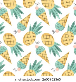 Seamless pattern with pineapple and ice cream, summer theme. Flat vector illustration