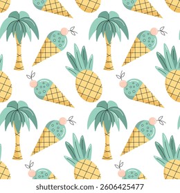 Seamless pattern with pineapple, ice cream and palm tree. Summer theme. Flat vector illustration
