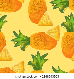 Seamless pattern with pineapple  illustration on light yellow background