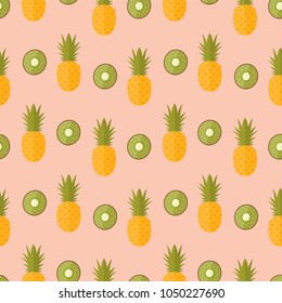 seamless pattern pineapple kiwi fruit food on pink background vector wallpaper textile giftwrap