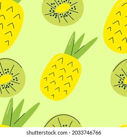Seamless pattern with pineapple and kiwi on a green background. Vector illustration in a hand-drawn style.